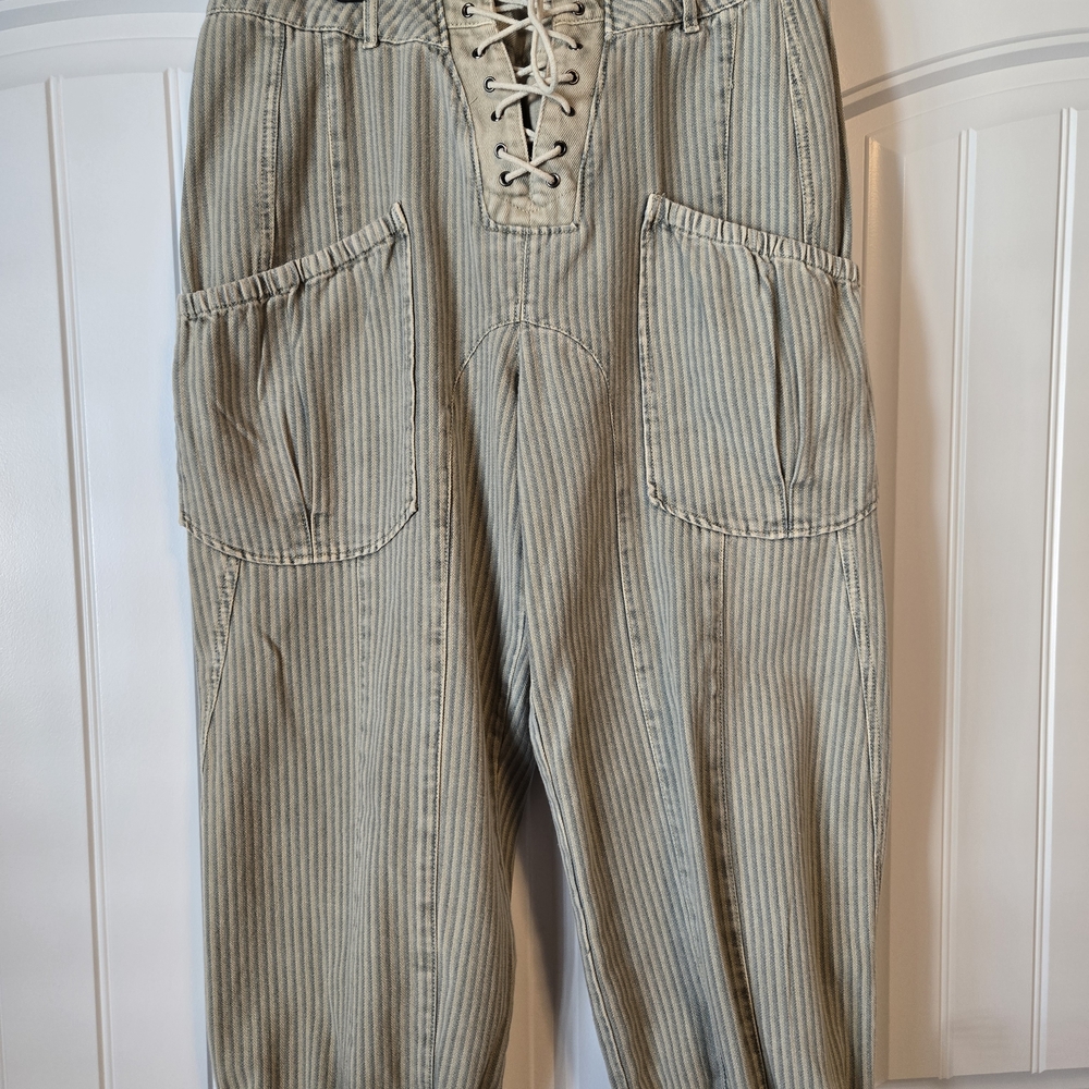 Free People We The Free Blue and White Striped Barrel Jeans Pants